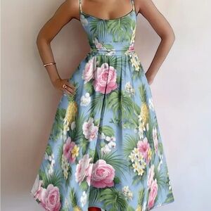 Multicolored Pleated A-Line Midi Dress for Wedding Guest